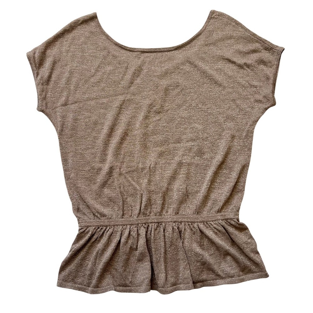 Express Women's Short Sleeve Shimmery Taupe Round Neck Elastic Waist Blouse Sz M